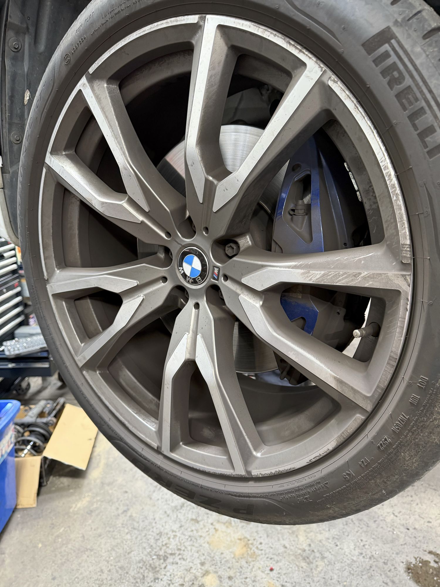 Alloy wheel and Pirelli tyre in the Hornsby Car Care workshop